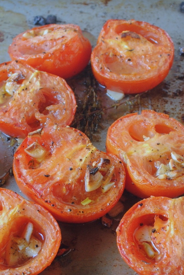 Roasting tomatoes in the oven.